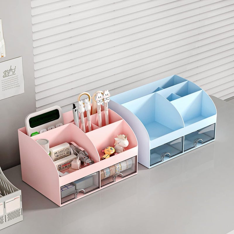 COMFYROOM Desk Organizer with 6 Compartments and 2 Drawers, Plastic Makeup Organizer, Pen Holder for Desktop Storage, Desk Organization for School, Home, Office Supplies (Pink) - Image 5